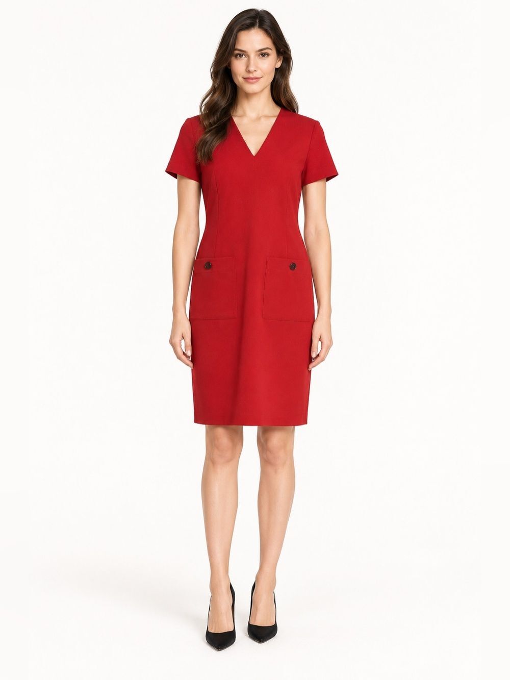 Escada Sport Authentic Red Black V Neck Short Sleeve Knee Length Dress 40 Medium